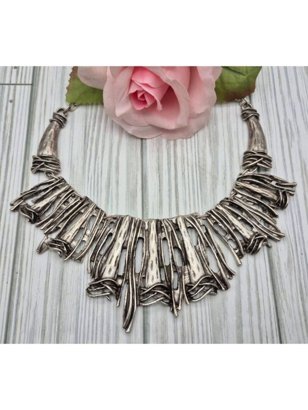 Silver Tone Brushed Brutalist Collar Necklace Bib Statement 21" Adjustable Goth